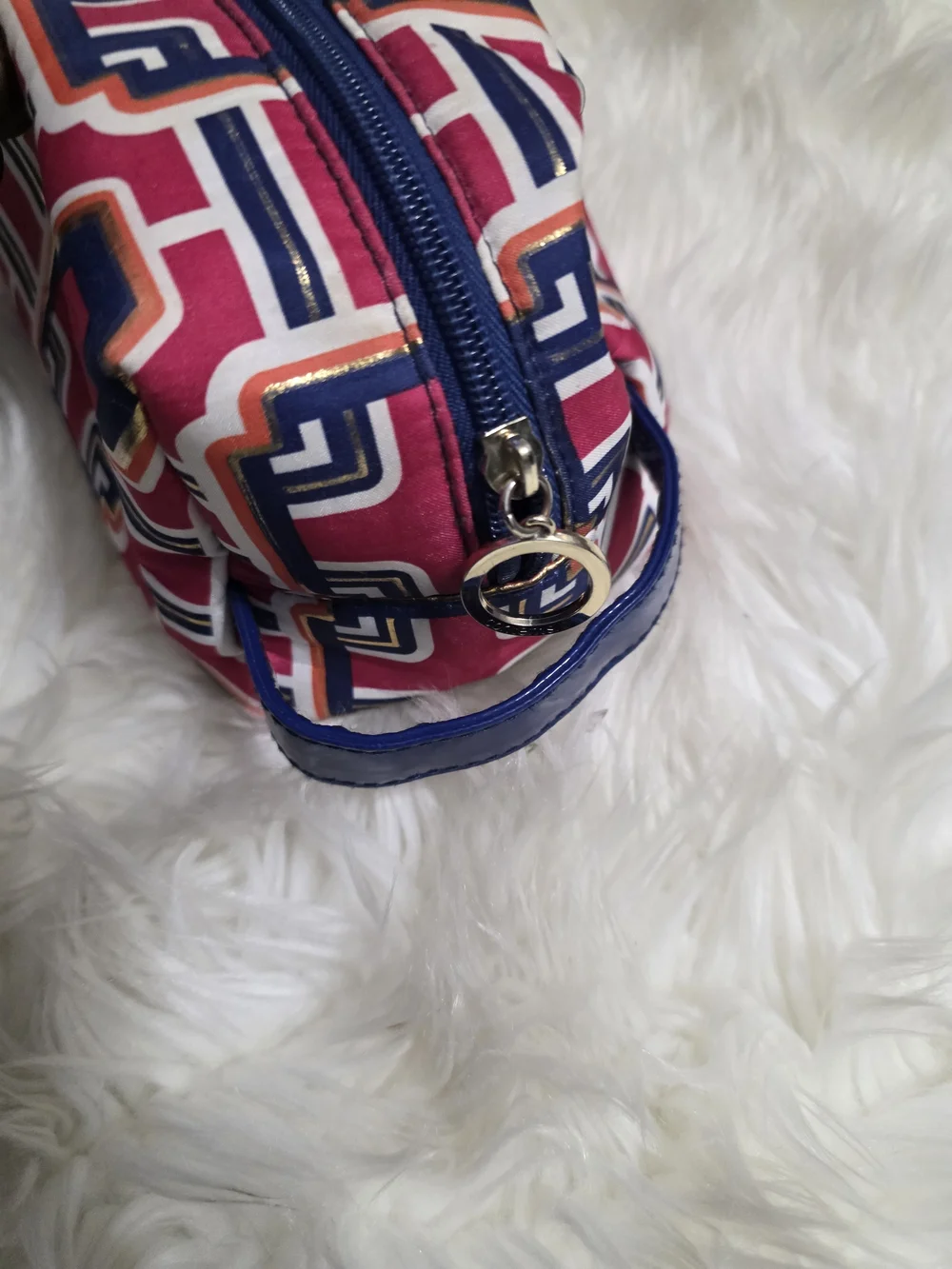 Geometric Print Pink Travel Pouch with Navy Trim